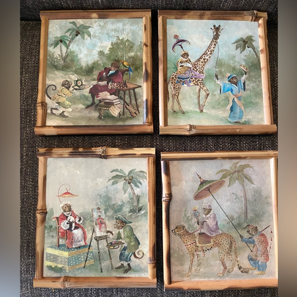 Rare Singerie Circus Monkeys Art Prints on Wood Bamboo 8” Framed Chinoserie Art